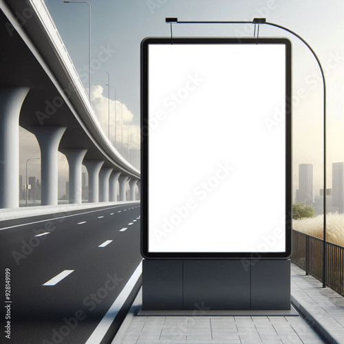 White mockup in billboard besides the road in center of the city. advertisement marketing and graphic resources.