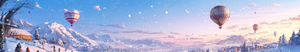 Obraz premium Anime-Style Enchanted New Year's Eve: Aerial Vistas of Winter Wonderland from Hot Air Balloons, Celebrating the 2025 Winter Sports Season and Festive Cheer.