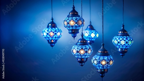 four beautiful hanging turkish lamps on blue bg
