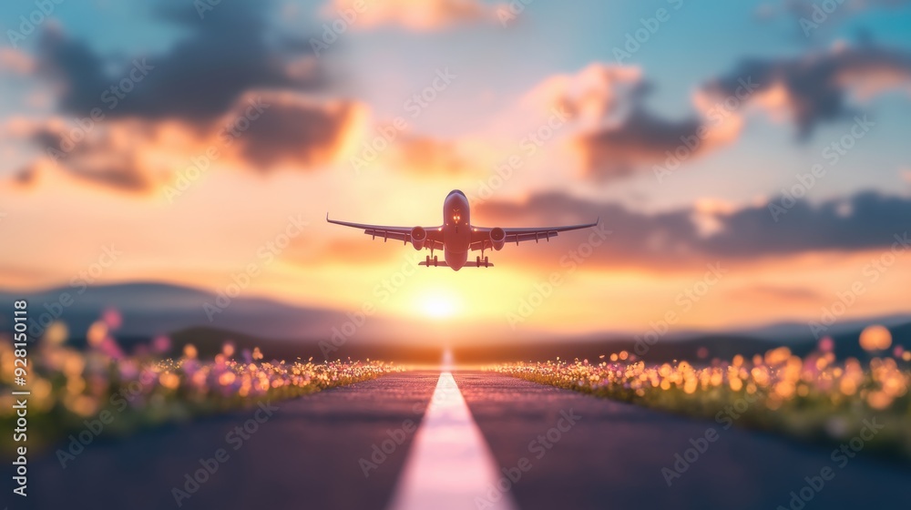Fototapeta premium A wide shot of a runway with airplanes taking off and landing, showcasing the excitement of travel.