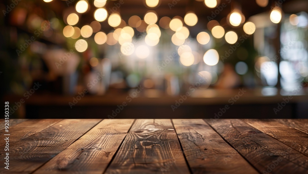 Wooden Tabletop with Blurred Background of Bokeh Lights in a Cafe