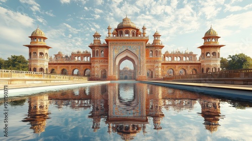A stunning reflection of an ornate Indian palace captured in the morning light, showcasing intricate architecture and serene beauty.