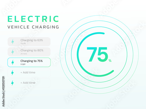 Electric Vehicle battery charging display status with EV charger Station clean ui llustration design concept. EV car battery charging dashboard for ui, website, clean energy, ev car, Application, tech