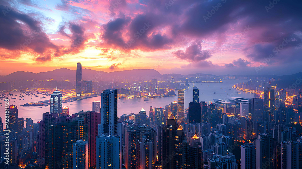 Fototapeta premium A stunning aerial view of a vibrant city skyline at sunset, with skyscrapers illuminated against a backdrop of a colorful sky and a calm harbor.
