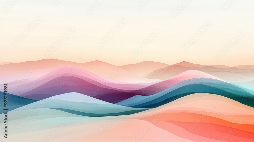 Abstract digital landscape with pixelated mountains and valleys, rendered in soft pastel tones, abstract design,