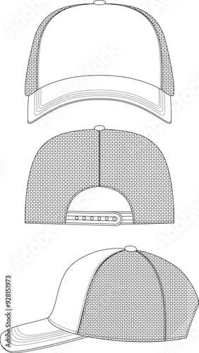 hat template vector, trucker hat Technical Drawing Illustration Blank Streetwear Mock-up Template, Blank White trucker hat, Mesh trucker cap vector template, technical hat apparel vector. line artwork