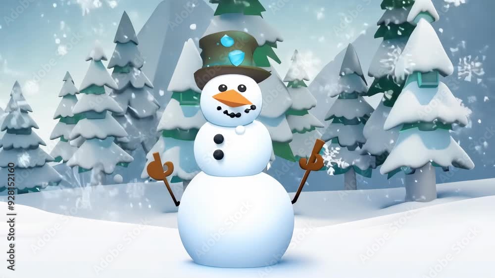 A joyful snowman with a green hat and a carrot nose enjoys the winter landscape while surrounded by evergreen trees and falling snowflakes. A joyful snowman with a green hat and a carrot nose enjoys the winter landscape while surrounded by evergreen trees and falling snowflakes.