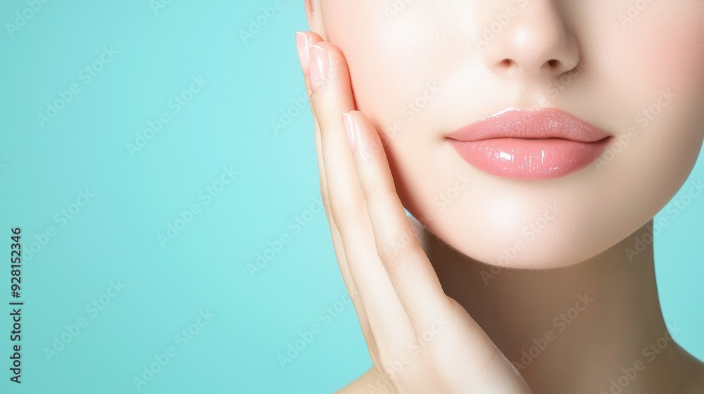 A close-up of a woman's face highlighting her smooth skin and soft lips against a calming turquoise background. A close-up of a woman's face highlighting her smooth skin and soft lips against a calming turquoise background.