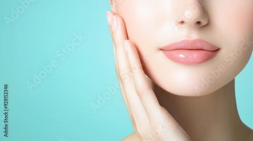 A close-up of a woman's face highlighting her smooth skin and soft lips against a calming turquoise background.