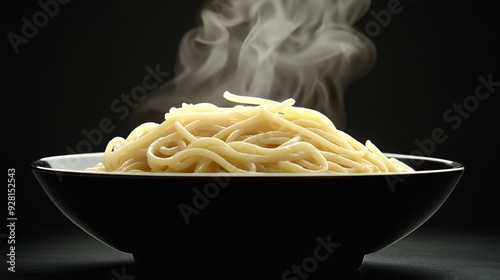 The steam from spaghetti isolated on a black background with copy space. Spaghetti. The steam from spaghetti Carbonara pasta. Bowl of noodles with steam. copy space for text.