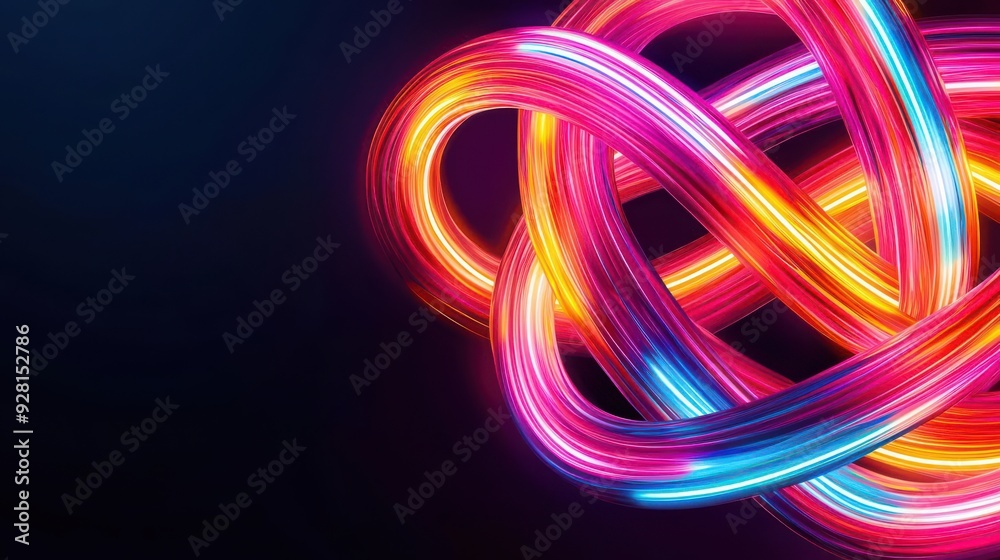 Tangled neon light tubes forming a complex knot against a dark background, abstract design Tangled neon light tubes forming a complex knot against a dark background, abstract design