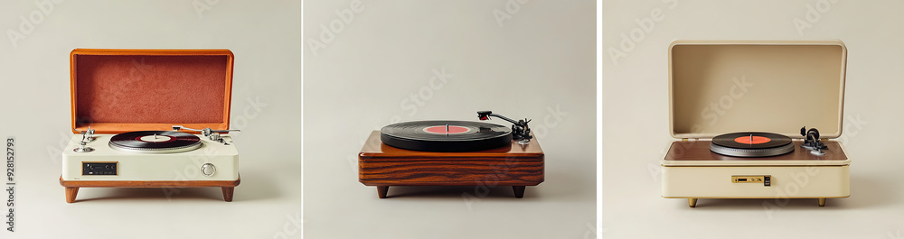 Fototapeta premium A collection of vinyl record players: vintage white turntable with wooden base and red velvet cover, elegant brown wood-grained player with cream paint and polished brass, and a stylish beige record c