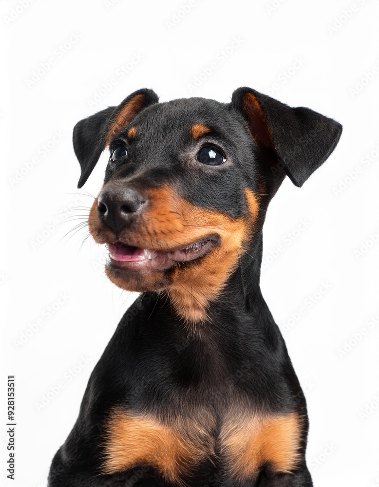 笑顔のマンチェスター・テリアの子犬のポートレート(Portrait of a smiling Manchester Terrier puppy on white background)
笑顔のマンチェスター・テリアの子犬のポートレート(Portrait of a smiling Manchester Terrier puppy on white background)
