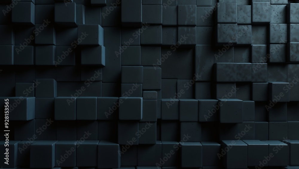 The image shows a wall or surface made up of a number of black square blocks. These blocks vary slightly in size and depth, creating a dimensional and interesting surface. The image shows a wall or surface made up of a number of black square blocks. These blocks vary slightly in size and depth, creating a dimensional and interesting surface.