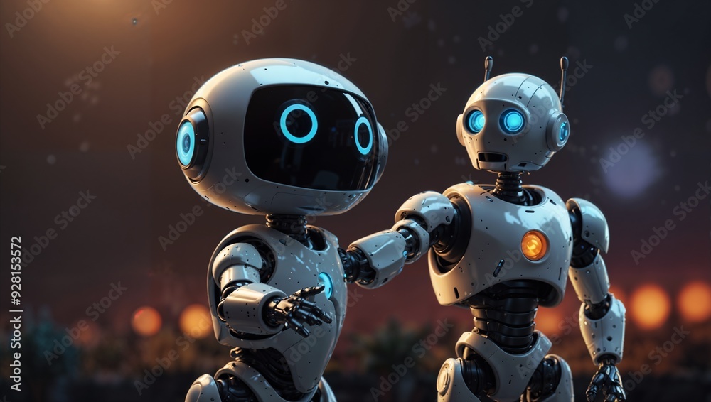 The picture shows a small white robot with large bright yellow eyes that really stand out. It's standing in a factory or warehouse with orange lights behind it. The picture shows a small white robot with large bright yellow eyes that really stand out. It's standing in a factory or warehouse with orange lights behind it.