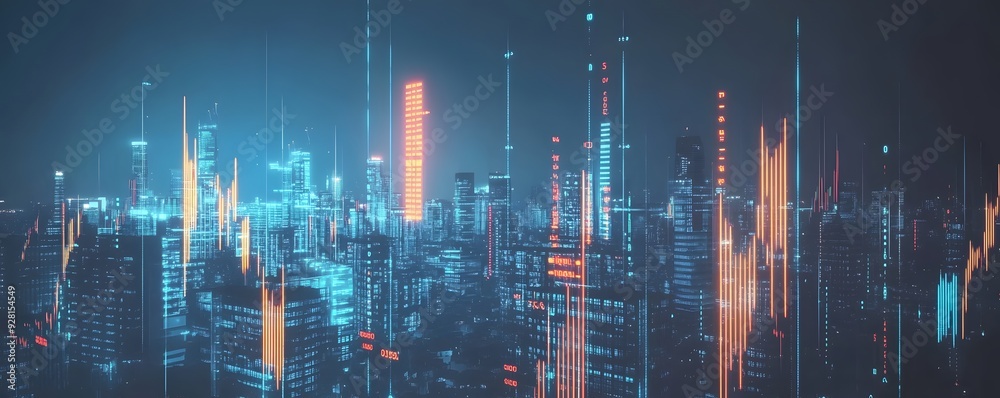 Futuristic cityscape with neon lights and data streams Futuristic cityscape with neon lights and data streams