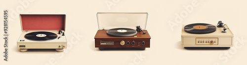 istinct styles of vinyl record players: vintage white plastic turntable with wooden base and red velvet cover, classic brown wood-grained model with cream-colored paint and brass accents,