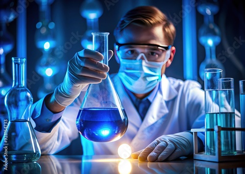 A laboratory technician carefully holds a brightly glowing blue chemical solution in a clear glass flask, surrounded by various scientific equipment and tubes. photo