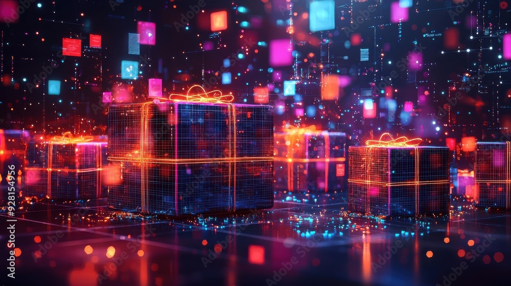 Vibrant digital gifts illuminated with neon colors, surrounded by floating geometric shapes, creating a magical festive atmosphere. Vibrant digital gifts illuminated with neon colors, surrounded by floating geometric shapes, creating a magical festive atmosphere.