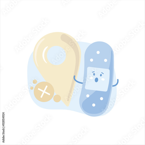 Creative vector illustration featuring a whimsical bandage character alongside medical instruments, perfect for healthcare-related content. Suitable for playful design flyer, poster, or medical themes