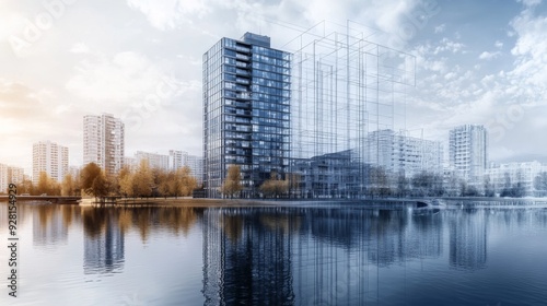 Cityscape with a glass building reflecting in the water, with an abstract line drawing of the city superimposed over the buildings.