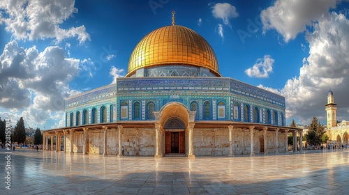 Panoramic view of the dome atop Al Aqsa Mosque in Jerusalem with clear blue sky and white clouds, captured with wide-angle lens in high-resolution professional photography

