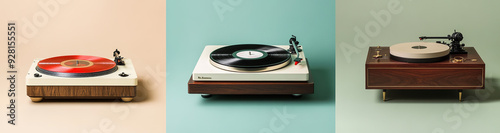 istinct styles of vinyl record players: vintage white plastic turntable with wooden base and red velvet cover, classic brown wood-grained model with cream-colored paint and brass accents,