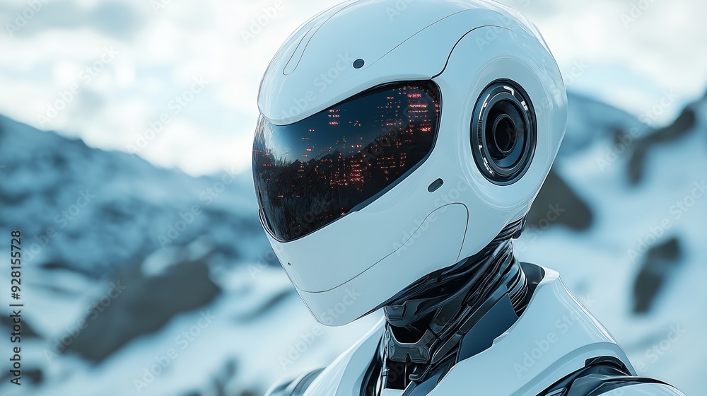Futuristic white robot with city lights reflecting in visor against a snowy background.