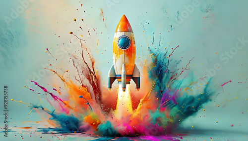 Creative space rocket exploded with colorful paints and splashes on a pale bluish background. Creativity thinking concept