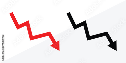 Business share market downfall red arrow. Businessman stick figure character downfall by dollar coin and decrease arrow chart. Business failure, investment loss or market crash crisis in eps 10.