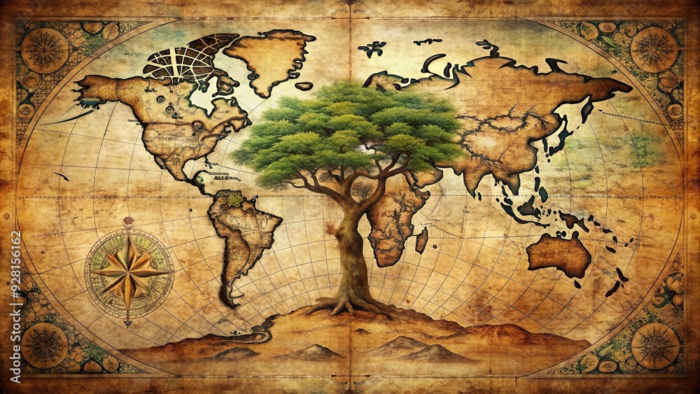 Naklejka premium A majestic tree stands tall in the center of a vintage map, surrounded by old roads and faded geographical markings, evoking a sense of adventure.