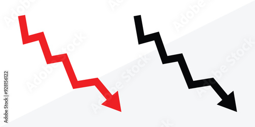 Business share market downfall red arrow. Businessman stick figure character downfall by dollar coin and decrease arrow chart. Business failure, investment loss or market crash crisis in eps 10.