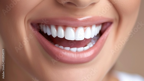 Close-up of a woman's smile, showcasing perfectly white and bright teeth. The photo highlights the importance of dental care and oral hygiene for a healthy and confident smile.