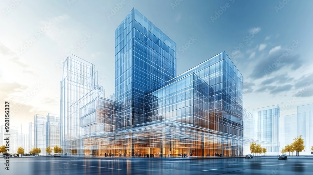 Modern glass building with wireframe design. Modern glass building with wireframe design.