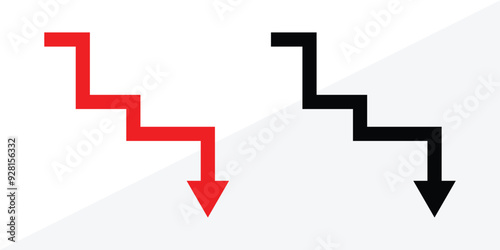 Business share market downfall red arrow. Businessman stick figure character downfall by dollar coin and decrease arrow chart. Business failure, investment loss or market crash crisis in eps 10.