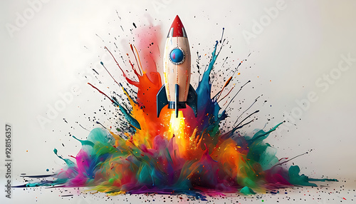 Creative space rocket exploded with colorful paints and splashes on a white background. Creativity thinking concept