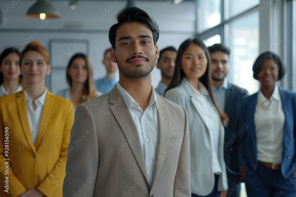 A group of individuals dressed in business attire standing together in an office environment. A group of individuals dressed in business attire standing together in an office environment.