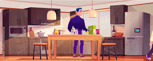 Man cooking in modern kitchen. Vector cartoon illustration of male character preparing food at home, father making meal for family, breakfast ingredients, oil bottle and seasoning packages on table