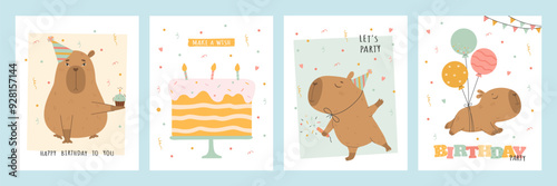 Birthday card set with capybara, cake and balloons