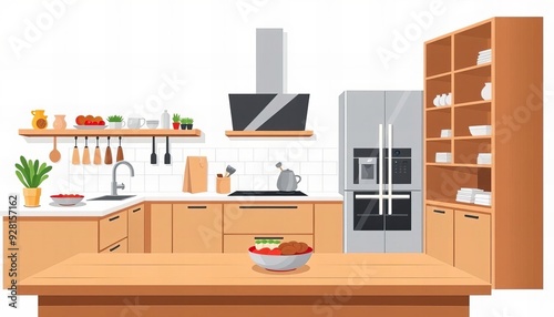 illustration of a kitchen with a table, stove, refrigerator, and shelves.