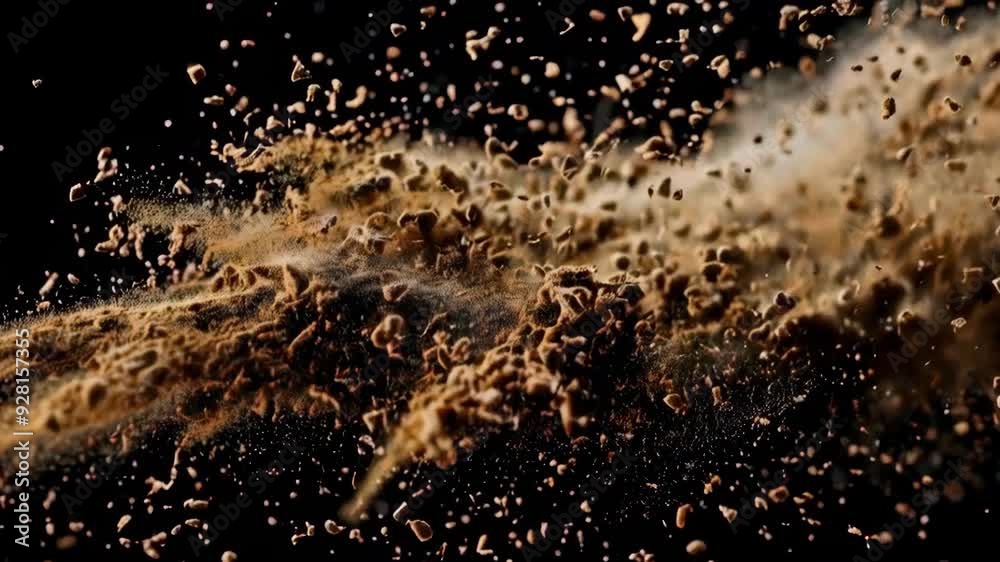 Dramatic Scene of Brown Dust Cloud Exploding Against Black Background