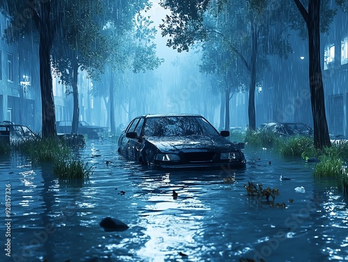 Car submerged in floodwaters after heavy rain.