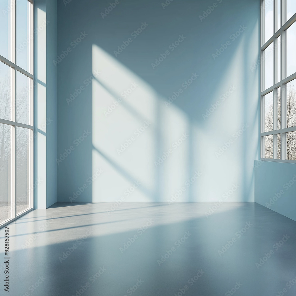empty room with pastel blue walls, large windows casting soft shadows empty room with pastel blue walls, large windows casting soft shadows