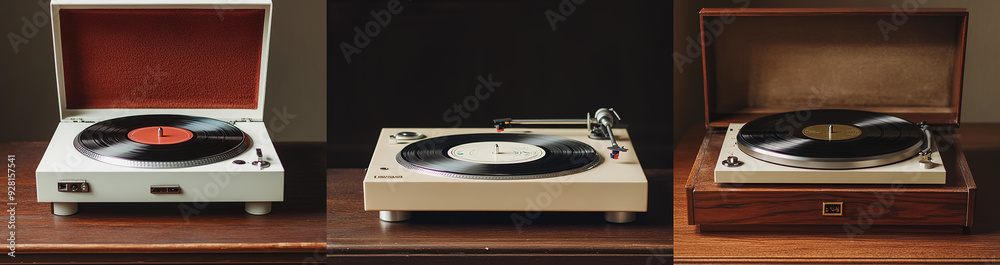 Fototapeta premium Distinctive vinyl record players: a vintage-style white plastic turntable with wooden base and red velvet cover, a brown wood-grained player with cream finish and brass details, and a refined beige re