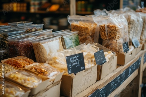 A vibrant display of various packaged grains, nuts, and snacks in a market setting, showcasing rich colors and textures