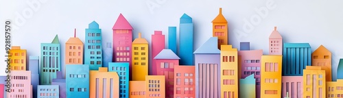 Vibrant colorful cityscape with various building shapes, demonstrating modern urban diversity in a playful and artistic style. photo