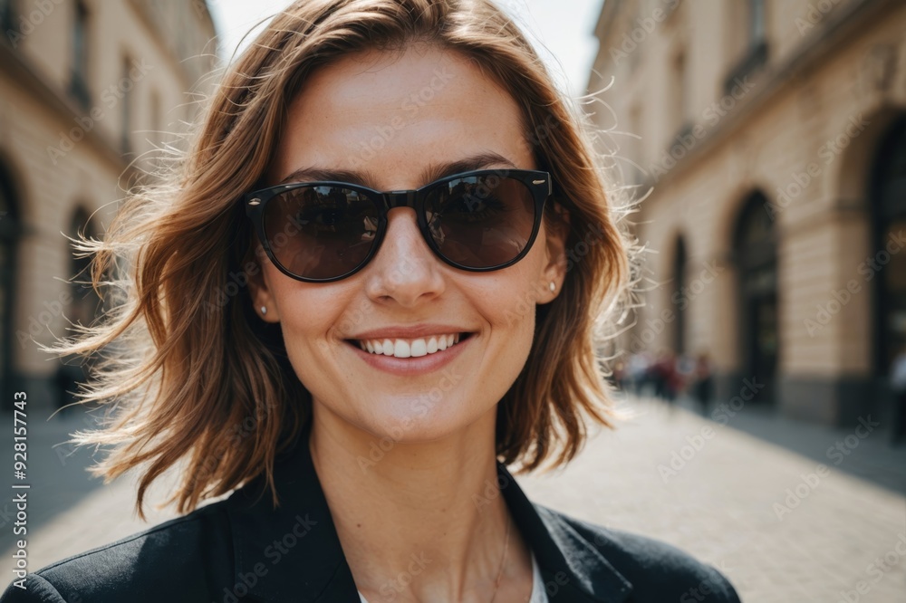 Close up portrait caucasian young happy woman wearing dark sunglasses with fresh and clean skin stands outside Close up portrait caucasian young happy woman wearing dark sunglasses with fresh and clean skin stands outside