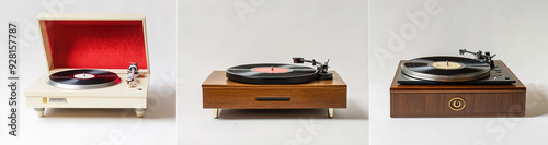 Variety of vinyl record players: a retro white plastic turntable with wooden base and red velvet cover, a sophisticated brown wood-grained model with cream paint and brass accents, and an elegant beig