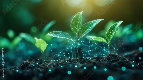 A close-up of young plants sprouting from rich soil, accompanied by glowing digital elements, symbolizing growth, technology, and environmental sustainability