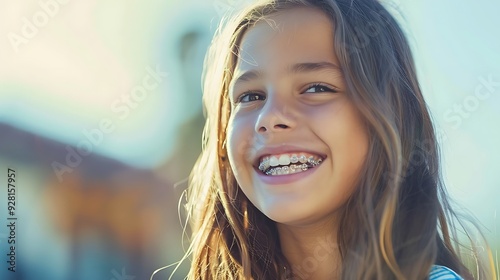 Young girl with braces smiles brightly towards the camera.